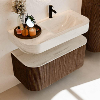 MONDIAZ THOR-DLUX 100cm meuble de salle de bains arrondi gauche + droite couleur Walnut avec 1 tiroir et 2 portes. Vasque suspendue CLOUD Droite 1 trou de robinet couleur Meli.