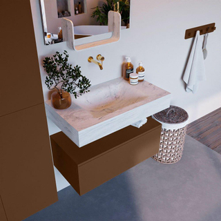 Mondiaz ALAN-DLUX Ensemble de meuble - 80cm - meuble Rust mat - 1 tiroir - Lavabo Cloud Opalo suspendu - vasque Centre - 0 trous de robinet