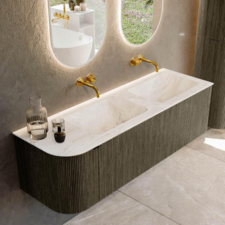 Mondiaz KURVE-DLUX Ensemble de meuble salle de bain - 145x46x40cm - 1 tiroir - 1 porte - lavabo en solid surface - double / droite - sans trou de robinet - Shadow