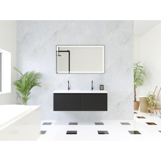 HR Matrix ensemble meuble de salle de bain 3d 120cm 2 tiroirs sans poignée avec bandeau couleur noir mat avec vasque djazz double 2 trous de robinetterie blanc
