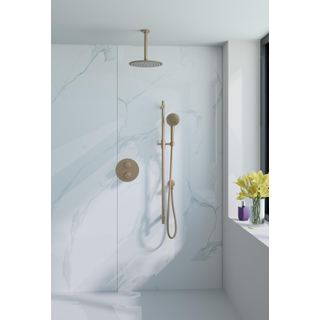 Fortifura Calvi Ensemble de douche à l'italienne - rond - thermostatique - bras plafond - glijstang - douche principale de 25 cm - douchette ronde - flexible lisse - Laiton brossé PVD (Or)