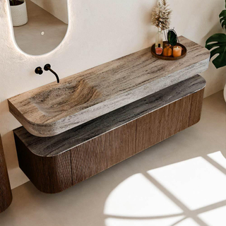 MONDIAZ THOR-DLUX 180cm meuble de salle de bains arrondi gauche + droite couleur Walnut avec 2 tiroirs et 2 portes. Vasque suspendue CLOUD Gauche sans trou de robinet couleur Oza.