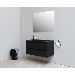 Basic Bella Meuble salle de bains avec lavabo acrylique Noir avec miroir 100x55x46cm sans trous de robinet Noir mat