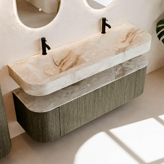 MONDIAZ THOR-DLUX 150cm meuble de salle de bains arrondi gauche + droite couleur Shadow avec 1 tiroir et 2 portes. Vasque suspendue CLOUD Double 2 trous de robinet couleur Frappe.