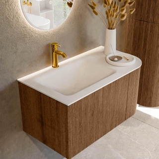 MONDIAZ KURVE 85cm Meuble salle de bain avec module 25 D - couleur Walnut - 1 tiroir - 1 porte - vasque CLOUD gauche - 1 trou de robinet - Talc