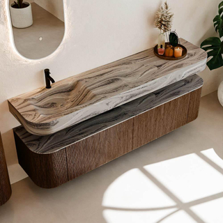 MONDIAZ THOR-DLUX 190cm meuble de salle de bains arrondi gauche + droite couleur Walnut avec 2 tiroirs et 2 portes. Vasque suspendue CLOUD gauche 1 trou de robinet couleur Sombra.