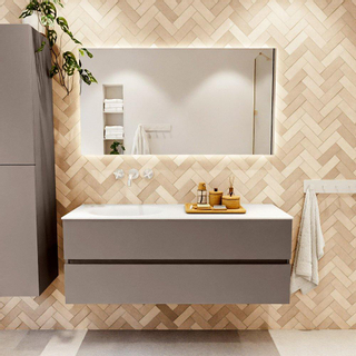 Mondiaz VICA ensemble de meuble de salle de bain - 130cm - meuble sous-vasque fumée - 2 tiroirs - lavabo lune gauche - sans trous de robinet - couleur talc - miroir LED - version XL 60cm de haut