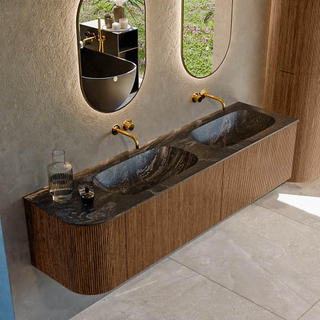 MONDIAZ KURVE-DLUX 175cm Meuble salle de bain avec module 25 G - couleur Walnut - 2 tiroirs - 1 porte - vasque STOR SMALL double / droite - sans trou de robinet - couleur Lava