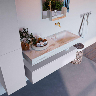 Mondiaz ALAN-DLUX Ensemble de meuble - 120cm - meuble Cale mat - 1 tiroir - Lavabo Cloud Frappe suspendu - vasque Droite - 0 trous de robinet