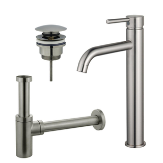 FugaFlow Eccelente Sobrado Kit mitigeur lavabo - robinet rehaussé - bonde clic clac - siphon design - PVD Inox brossé