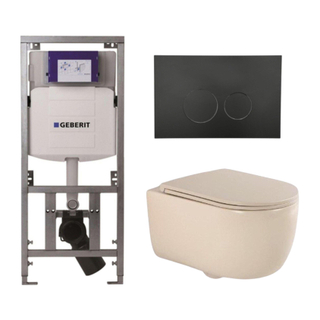 QeramiQ Dely Swirl Toiletset - 36.3x51.7cm - Geberit UP320 Burda inbouwreservoir - slim zitting - mat zwarte metalen bedieningsplaat - ronde knoppen - beige