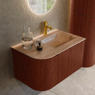 MONDIAZ KURVE-DLUX 75cm badmeubel ronding Links kleur Ruby met 1 lade en 1 deur. Wastafel GRUNNE Rechts 1 kraangat Saba.