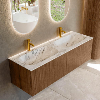 MONDIAZ KURVE-DLUX 140cm Meuble salle de bain - couleur Walnut - 2 tiroirs - vasque STOR SMALL double - 2 trous de robinet - couleur Glace