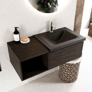 MONDIAZ BUKLA 100cm badmeubel met open module 40 kleur Dark Brown met 1 lade. Wastafel CLOUD rechts 1 kraangat kleur Urban.