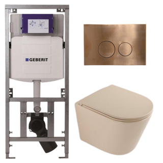 QeramiQ Dely Pack WC - 36,3x51,7cm - à fond creux - sans bride - réservoir encastré Geberit UP320 - abattant WC à fermeture douce - plaque de commande en cuivre - boutons ronds - beige mat