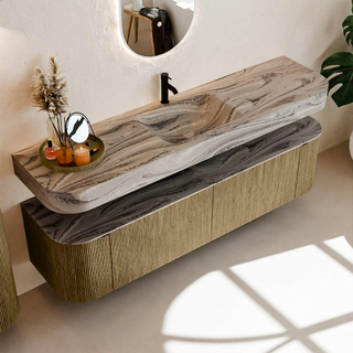 MONDIAZ THOR-DLUX Meuble de salle de bains - 180cm - arrondi gauche + droite - couleur Dusk - 2 tiroirs - 2 portes - Vasque suspendue CLOUD Milieu 1 trou de robinet - couleur Sombra