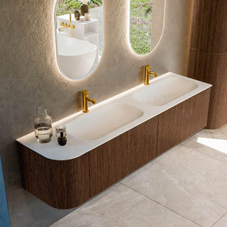 MONDIAZ KURVE 175cm Meuble salle de bain avec module 25 G - couleur Walnut - 2 tiroirs - 1 porte - vasque BIG SMALL double / droite - 2 trous de robinet - Talc