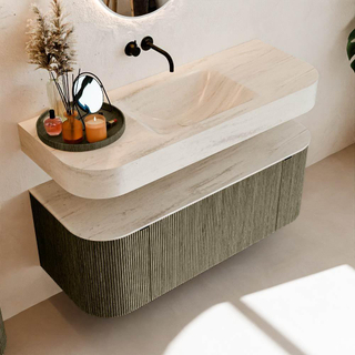 MONDIAZ THOR-DLUX 120cm meuble de salle de bains arrondi gauche + droite couleur Shadow avec 1 tiroir et 2 portes. Vasque suspendue CLOUD Milieu sans trou de robinet couleur Meli.