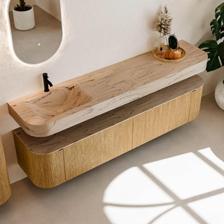 MONDIAZ THOR-DLUX 200cm meuble de salle de bains arrondi gauche + droite couleur Oak avec 2 tiroirs et 2 portes. Vasque suspendue CLOUD Gauche 1 trou de robinet couleur Arena.