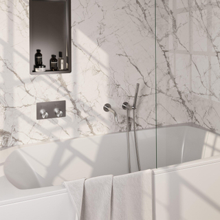 BRAUER Stripe Mitigeur thermostatique de baignoire - boutons-poussoirs - SET 03 - encastré - bec - douchette à main barre - flexible de douche - coude mural - couleur inox brossé PVD