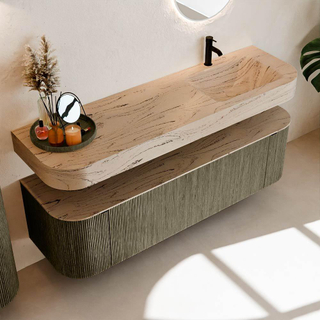 MONDIAZ THOR-DLUX 160cm meuble de salle de bains arrondi gauche + droite couleur Shadow avec 1 tiroir et 2 portes. Vasque suspendue CLOUD Droite 1 trou de robinet couleur Arena.