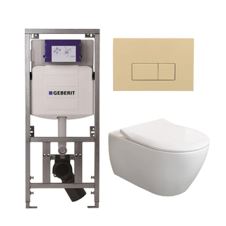 Villeroy & Boch Subway 2.0 DirectFlush CeramicPlus toiletset slimseat zitting met Geberit reservoir en bedieningsplaat beige met rechthoekige knoppen wit