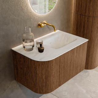 MONDIAZ KURVE-DLUX 75cm Meuble salle de bain avec module 25 G - couleur Walnut - 1 tiroir - 1 porte - vasque GRUNNE droite - sans trou de robinet - couleur Opalo