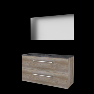 Basic-Line Ultimate 46 ensemble de meubles de salle de bain 120x46cm avec poignées 2 tiroirs lavabo en pierre dure 0 trous de robinetterie miroir éclairage mfc scotch oak