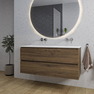 Adema Chaci Meuble salle de bain - 120x46x57cm - 2 vasques en céramique blanche - sans trou de robinet - 2 tiroirs - miroir rond avec éclairage - Noyer