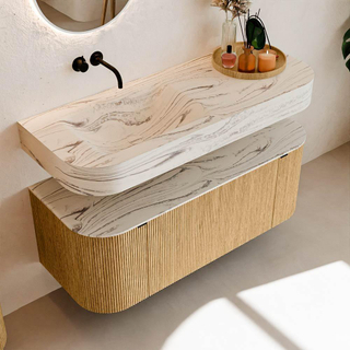 MONDIAZ THOR-DLUX 120cm badmeubel ronding links + rechts kleur Oak met 1 lade en 2 deuren. Vrijhangende wastafel CLOUD Links zonder kraangat kleur Nata.