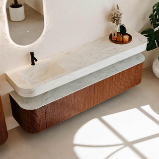 MONDIAZ THOR-DLUX 200cm meuble de salle de bains arrondi gauche + droite couleur Ruby avec 2 tiroirs et 2 portes. Vasque suspendue CLOUD gauche 1 trou de robinet couleur Opalo.