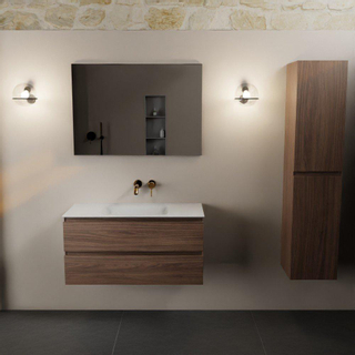 Mondiaz AIVY Ensemble de meuble - 100x45x50cm - 0 trous de robinet - 1 vasque talc Solid surface - Centre - 2 tiroirs - avec miroir - Melamine Mocha