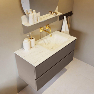 Mondiaz VICA-DLUX ensemble de meuble de salle de bain - 100cm - meuble sous-vasque fumée - 2 tiroirs - lavabo encastré cloud droite - sans trous de robinet - version haute de 60cm - opalo