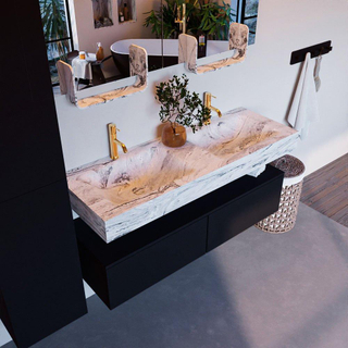 Mondiaz ALAN-DLUX Ensemble de meuble - 130cm - meuble Urban mat - 2 tiroirs - Lavabo Cloud Glace suspendu - vasque Gauche et droite - 2 trous de robinet