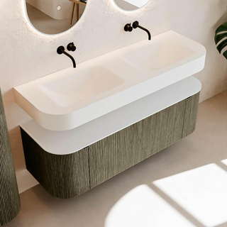 MONDIAZ THOR 140cm meuble de salle de bains arrondi gauche + droite couleur Shadow avec 1 tiroir et 2 portes. Vasque suspendue CLOUD Double sans trou de robinet couleur Talc.