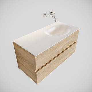 ENSEMBLE DE MEUBLE MONDIAZ VICA - 100cm - 2 tiroirs - lavabo Moon à droite - 0 trous de robinet - solid surface chêne blanchi