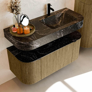 MONDIAZ THOR-DLUX Meuble de salle de bains 110cm arrondi gauche + droite couleur Dusk avec 1 tiroir et 2 portes. Vasque suspendue CLOUD Droite 1 trou de robinet couleur Lava.