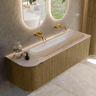 MONDIAZ KURVE-DLUX 145cm badmeubel ronding Links kleur Dusk met 1 lade en 1 deur. Wastafel BIG LARGE Rechts zonder kraangat Meli.