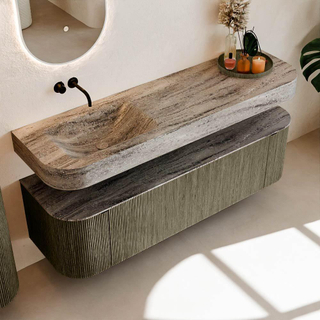 MONDIAZ THOR-DLUX Meuble de salle de bains - 160cm - arrondi gauche + droite - couleur Shadow - 1 tiroir - 2 portes - Vasque suspendue CLOUD Gauche sans trou de robinet - couleur Oza