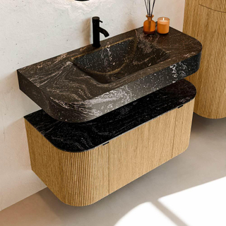 MONDIAZ THOR-DLUX 100cm badmeubel ronding links + rechts kleur Oak met 1 lade en 2 deuren. Vrijhangende wastafel CLOUD Midden 1 kraangat kleur Lava.