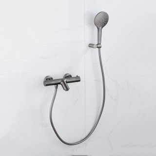 Fortifura Calvi Thermostatische badkraan met ronde handdouche, handdouchehouder en gladde doucheslang Geborsteld Gunmetal PVD