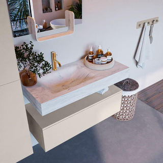 Mondiaz ALAN-DLUX Ensemble de meuble - 100cm - meuble Linen mat - 1 tiroir - Lavabo Cloud Opalo suspendu - vasque Gauche - 1 trou de robinet
