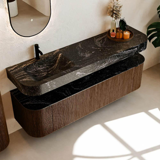 MONDIAZ THOR-DLUX Meuble de salle de bains 170cm arrondi gauche + droite couleur Walnut avec 1 tiroir et 2 portes. Vasque suspendue CLOUD Gauche 1 trou de robinet couleur Lava.