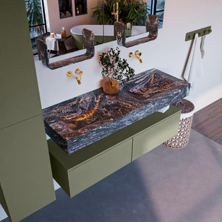 Mondiaz ALAN-DLUX Ensemble de meuble - 130cm - meuble Army mat - 2 tiroirs - Lavabo Cloud Lava suspendu - vasque Gauche et droite - 0 trous de robinet