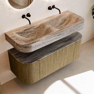 MONDIAZ THOR-DLUX Meuble de salle de bains - 120cm - arrondi gauche + droite - couleur Dusk - 1 tiroir - 2 portes - Vasque suspendue CLOUD Double sans trou de robinet - couleur Oza