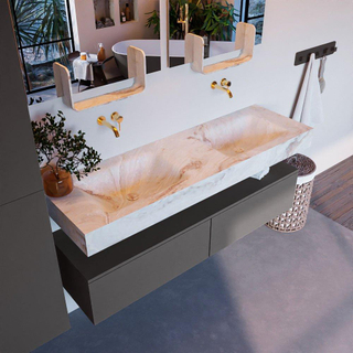 Mondiaz ALAN-DLUX Ensemble de meuble - 150cm - meuble Dark grey mat - 2 tiroirs - Lavabo Cloud Frappe suspendu - vasque Gauche et droite - 0 trous de robinet