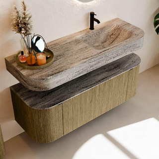 MONDIAZ THOR-DLUX Meuble de salle de bains 130cm arrondi gauche + droite couleur Dusk avec 1 tiroir et 2 portes. Vasque suspendue CLOUD Droite 1 trou de robinet couleur Oza.