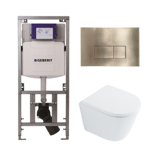 QeramiQ Dely Toiletset - 36.3x51.7cm - diepspoel - rimless - Geberit UP320 Burda inbouwreservoir - softclose toilet zitting 35 mm - geborsteld messing bedieningsplaat - rechthoekige knoppen - wit glans