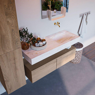 Mondiaz ALAN-DLUX Ensemble de meuble - 120cm - meuble Washed Oak mat - 2 tiroirs - Lavabo Cloud Ostra suspendu - vasque Droite - 0 trous de robinet