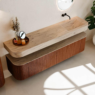 MONDIAZ THOR-DLUX 190cm meuble de salle de bains arrondi gauche + droite couleur Ruby avec 2 tiroirs et 2 portes. Vasque suspendue CLOUD Droite sans trou de robinet couleur Arena.